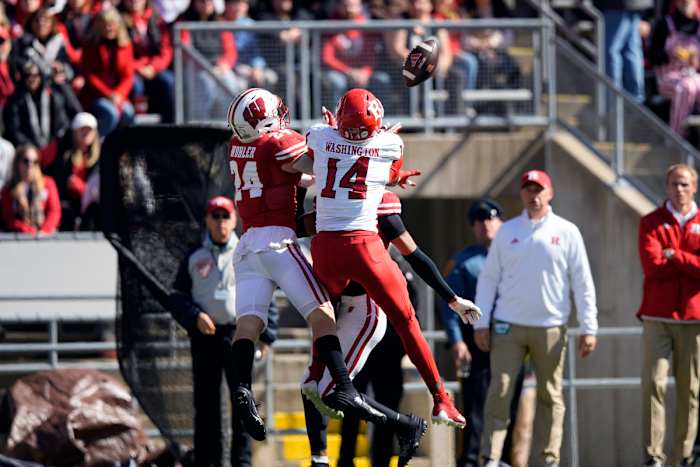 Oct 7, 2023; Madison, Wisconsin, USA; Wisconsin Badgers safety Hunter Wohler (24) defends the pass intended for Rutgers Scarlet Knights wide receiver Isaiah Washington (14) during the third quarter at Camp Randall Stadium. Mandatory Credit: Jeff Hanisch-USA TODAY Sports